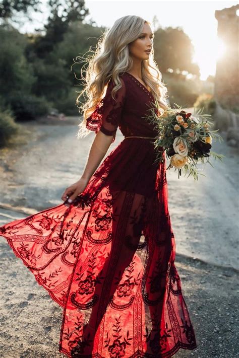 25 Beautiful Burgundy Wedding Guest Dress Ideas Maxi Dress With Sleeves Bohemian Lace Dress
