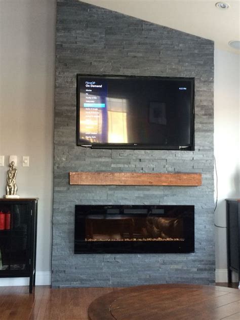 Grey Stone Fireplace With Floating Mantle Electric Fireplace Modern