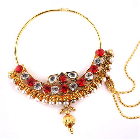Abhinn Designer Rajasthani Gold Plated Large Hoop Nose Ring With Red Cz Crystal Stones For Women