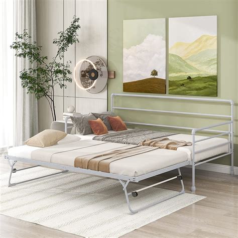 Buy Daybed With Trundle Twin Size Metal Daybed With Pop Up Trundle Heavy Duty Steel Slat