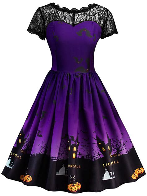 Wipalo Pumpkin Print Halloween Dress Women Mesh Lace Vintage Dress