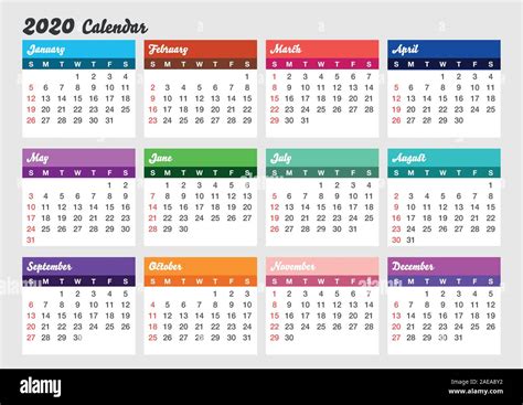Calendario 2020 Colorido Plantilla Vector Ilustracion Pared Escritorio