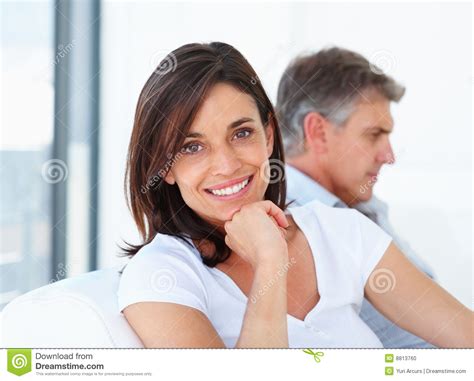 Happy Mature Woman With Her Husband At The Back Stock Photo Image Of
