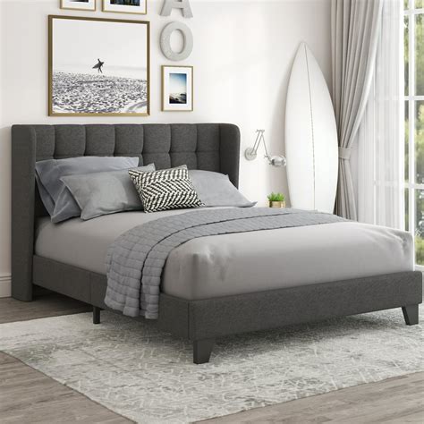 Amolife Queen Size Platform Bed With Wingback Headboard Mattress Foundation Square Stitched