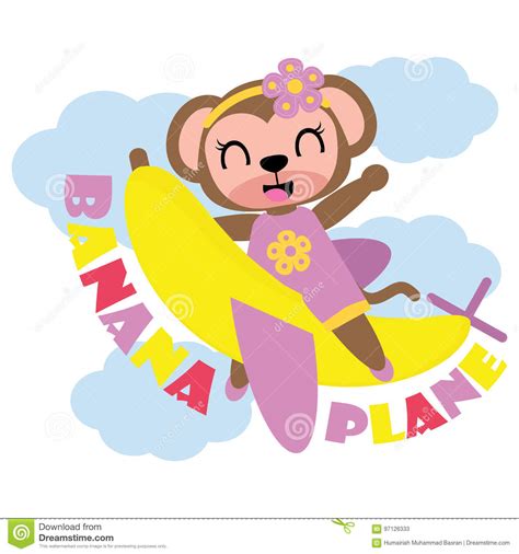 Cute Monkey Girl Flies With Banana Plane Cartoon Illustration For Kid T