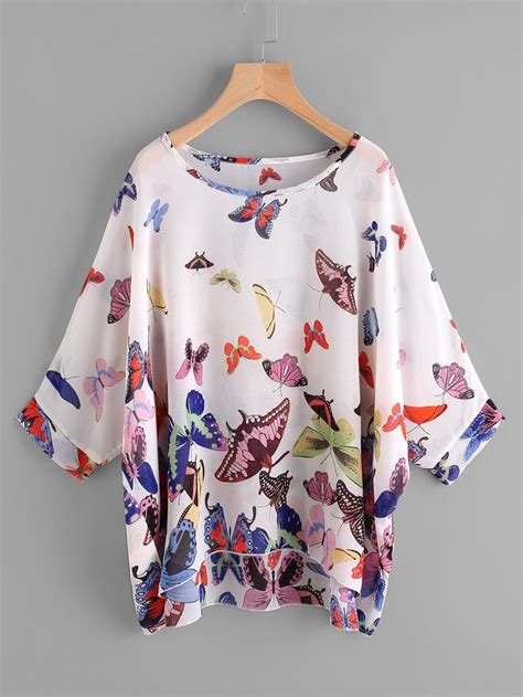 Dolman Sleeve Butterfly Print Dip Hem Chiffon Blouse Clothes Design