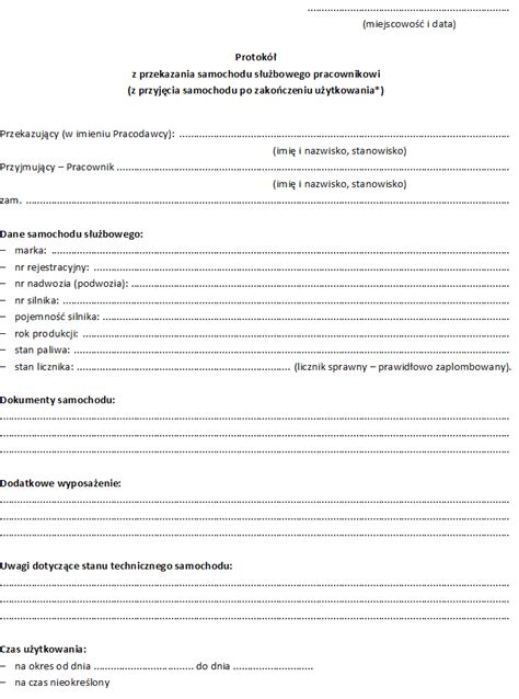 Protokół z przekazania samochodu służbowego pracownikowi wzór Podróże służbowe