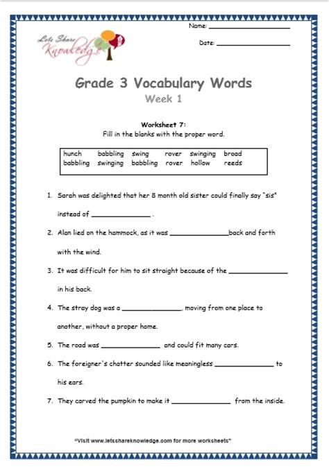 Grade 3 Vocabulary Words And Worksheets Lets Share Knowledge 2nd