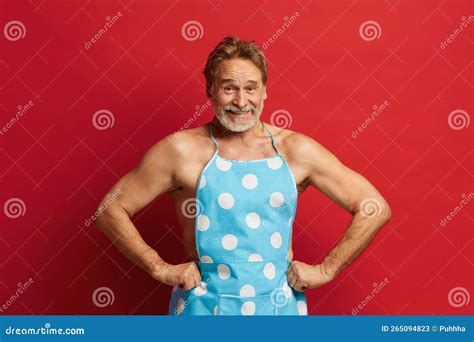 Smiling Man Posing Studio Bearded Grandfather In Apron On Naked Torso