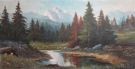 Antique Oil Painting Mountain Landscape Lake