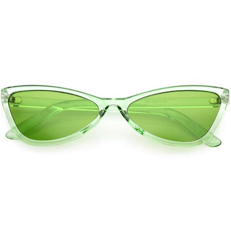 Sunglass La Translucent Retro Cat Eye Sunglasses Slim Arms Color Tinted Lens 57mm Green