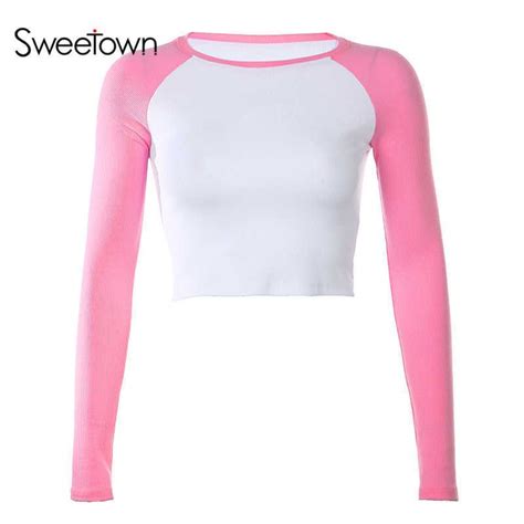 sweetown 2020 autumn contrast color basic crop top shirt long sleeve streetwear women casual