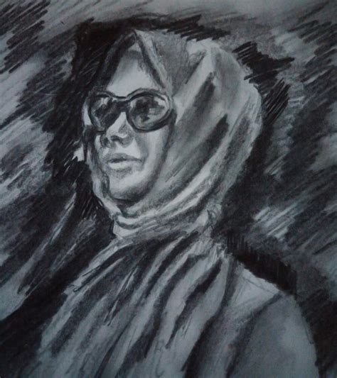 A Black And White Drawing Of A Woman Wearing Sunglasses With A Scarf