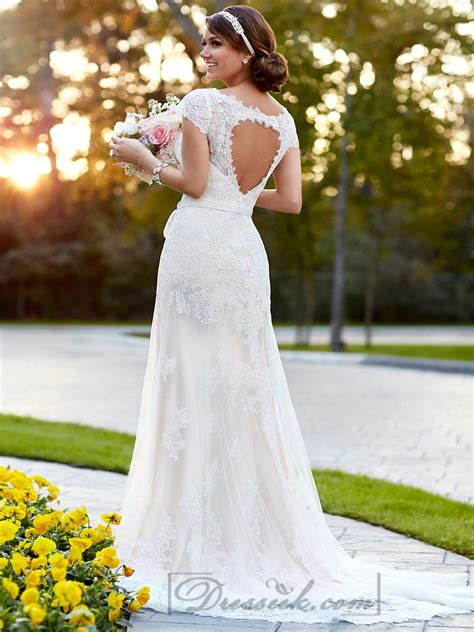 Lace Over Illusion Cap Sleeves V Neck Wedding Dresses With Keyhole Back