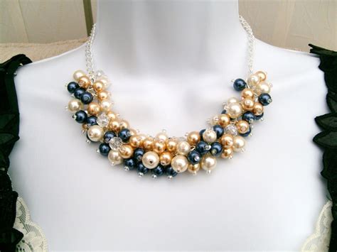 Ivory Navy Gold Beaded Necklace Bridesmaid Jewelry Cluster