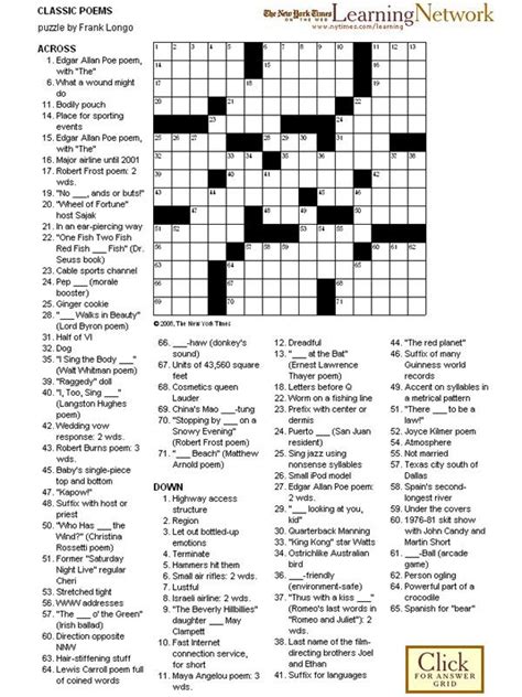 Crossword Puzzle: Classic Poems | Poetry | Free printable crossword