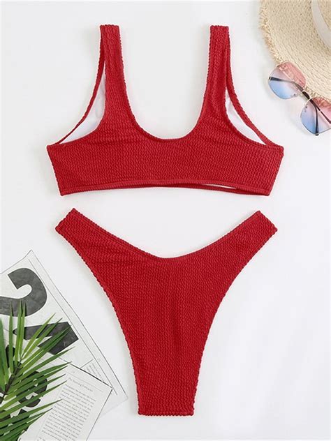 Emmiol Free Shipping 2023 Scoop Neck Smocked Bikini Set Red S In Bikini Sets Online Store Emmiol