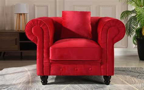 Classic Scroll Arm Large Velvet Living Room Chesterfield Accent Chair Red