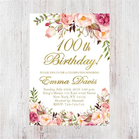 100th Birthday Invitation Floral Women Birthday Invitation Etsy