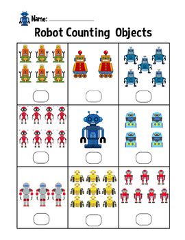 Recognise small collections in a group, which one has more and which one has less, such as 1 is less than five because there is less pictures on the card then there is one five. Robot Counting Objects 1-10 Worksheets Math Counting ...