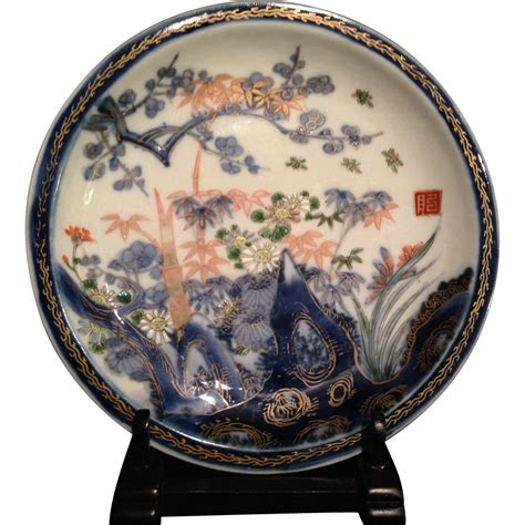 Japanese Vintage Arita Imari Plate Of Early 20th C In Waves And Flowers