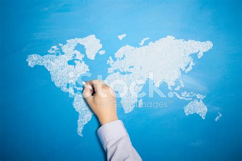 Hand Drawn World Map On A Blue Chalkboard Stock Photo Royalty Free