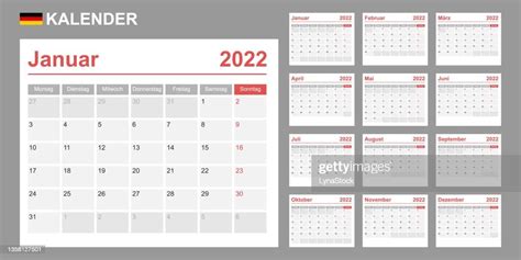German Calendar For 2022 Week Starts On Monday Simple Vector Template