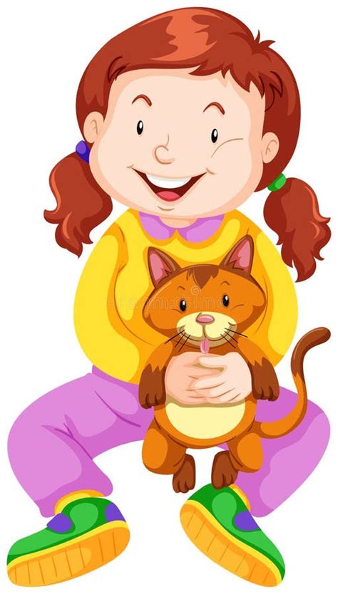 Little Girl With Pet Cat Stock Vector Illustration Of Object 74400353