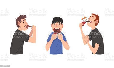 Young Guy Greedily Eating Bar Of Chocolate Vector Set Stock