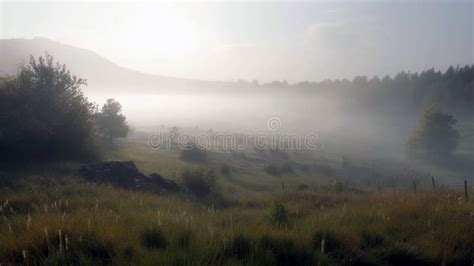 Foggy Landscape Early Morning Mist Early Morning Scenery In Field Ai