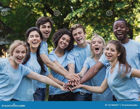 Young Happy Volunteers Outdoor Meeting At Park Stock Image Image Of