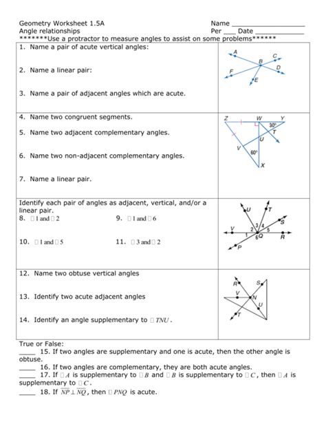 Angle Relationships Practice Worksheet Answer Key