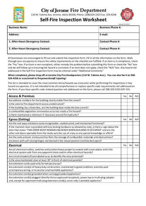 Self Fire Inspection Worksheet Template City Of Jerome Fire