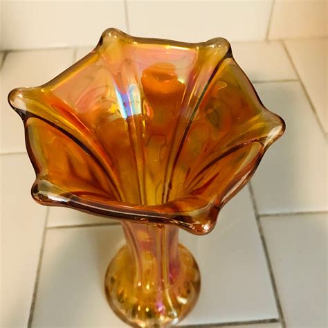 Vintage Carnival Glass Vase Paneled Sides Marigold Iridescent Wide Rim Collectible Display