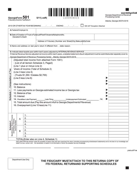 Fillable Form 501 Fiduciary Income Tax Return 2011 Printable Pdf