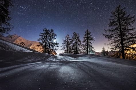 Photography Nature Landscape Trees Night Mountain Moon Snow