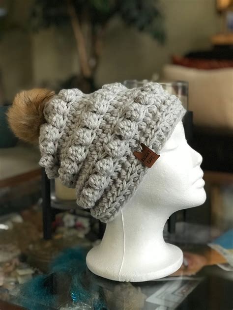 Crochet Bobble Toboggan With Faux Fur Pom Pom Etsy