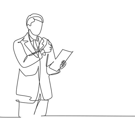 Single Line Drawing Of Business Man Standing Up While Holding A Paper