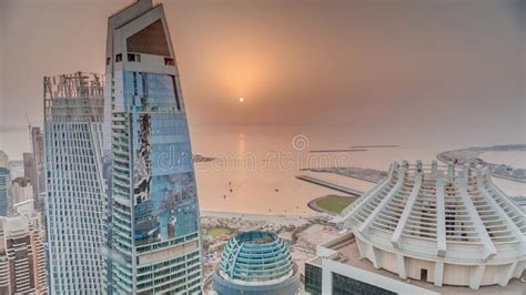 Aerial Sunset View Of Jbr And Dubai Marina Skyscrapers And Luxury