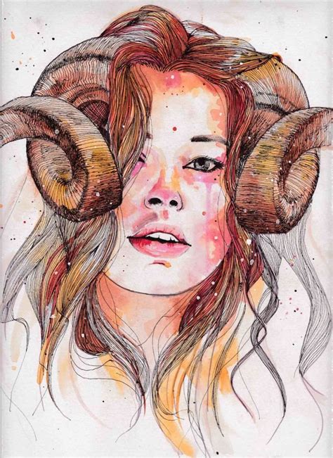 Aries The Ram Earthy Tones Watercolor Illustration Girl With Horns