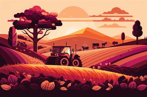Vector Style Illustration Of A Beautiful Farm Landscape With Tractors