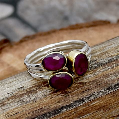 Three Ruby Ring Sterling Silver Ring Triple Band Ring Etsy
