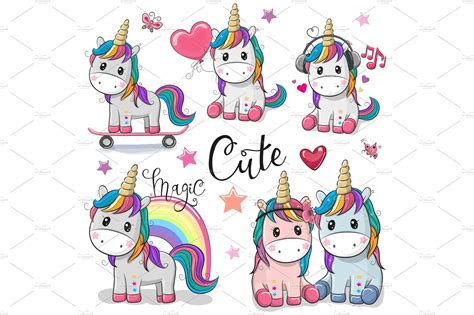 Set Of Cute Cartoon Unicorns Custom Designed Illustrations Creative