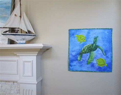 Sea Turtle Fabric Art Quilt Wall Hanging Big Stitch Hand Quilted Sea