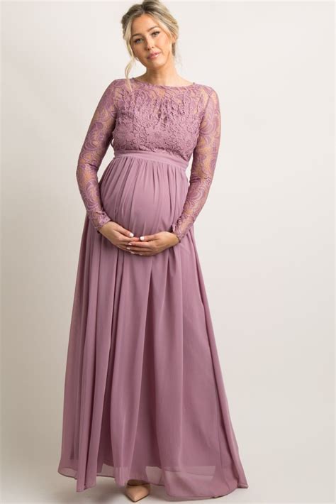 Mauve Lace Trim Open Back Maternity Evening Gown Dresses For Pregnant