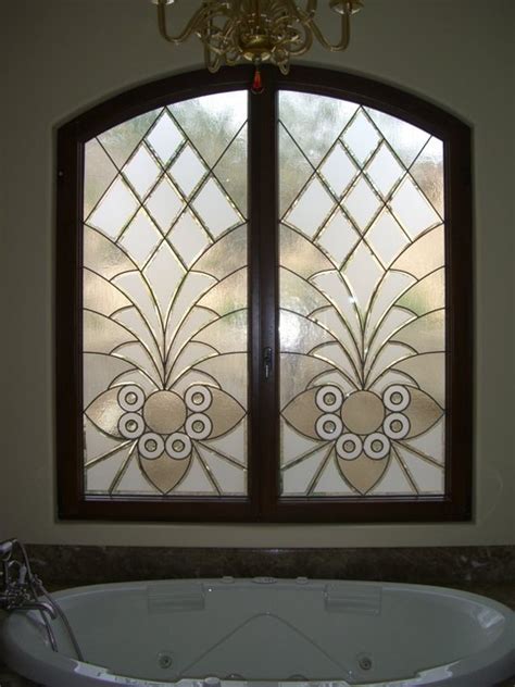 I really liked the idea of faking stained glass. Bathroom Windows - "Arabesque Bevels" Leaded Beveled Glass Designs Privacy Glass - Bathroom ...