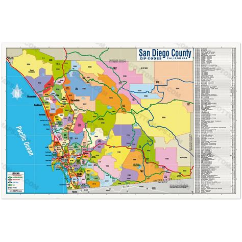 San Diego County Zip Code Map Full Zips Colorized Poster Print