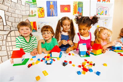Many Kids Play With Plastic Blocks In Classroom Stock Image Image Of