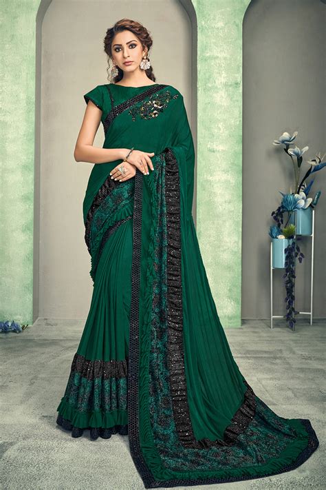 Buy Lycra Fabric Designer Saree In Dark Green Color Online Felicity