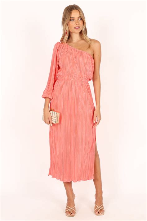 Pontee One Shoulder Pleated Midi Dress Coral Petal And Pup